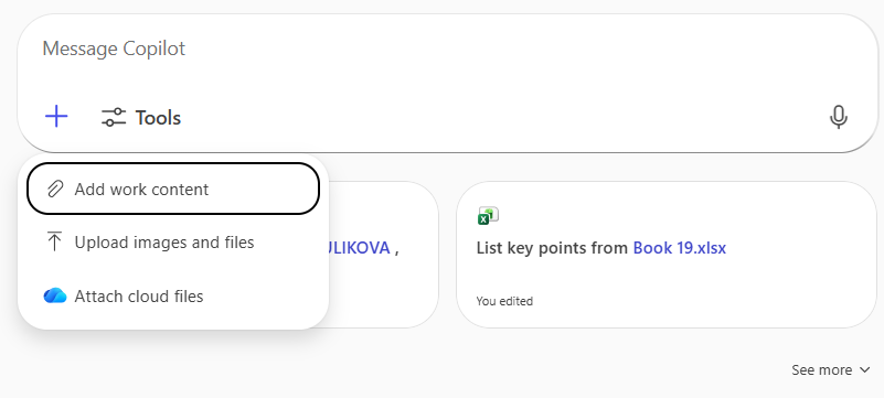 Copilot upload options in chat
