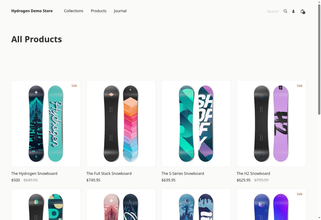 All Products listing on the Hydrogen demo store showing snowboards with regular and sale prices
