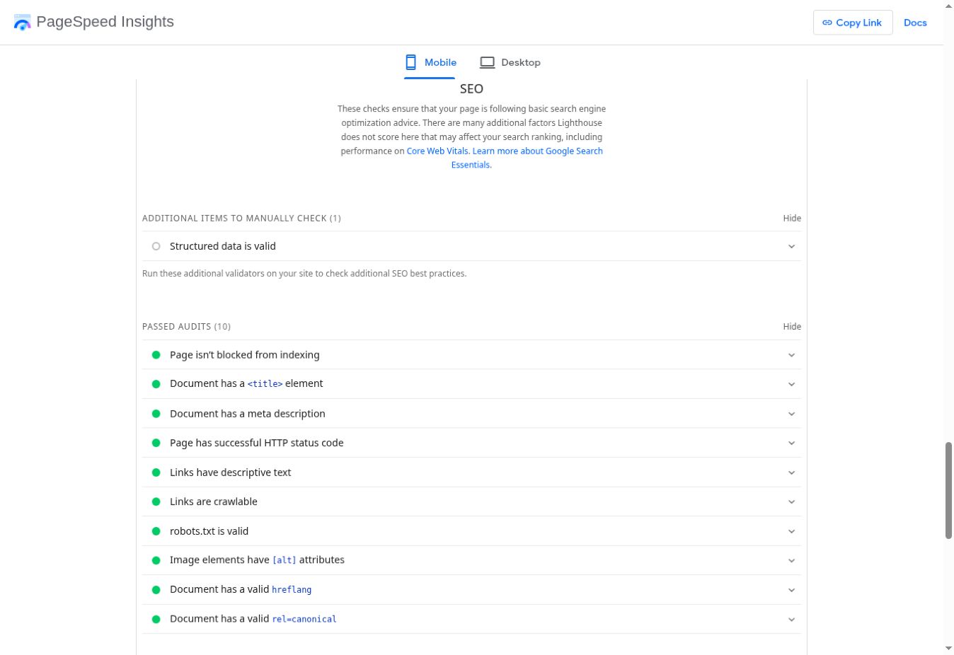 PageSpeed Insights SEO audits confirming the page isn't blocked from indexing, returns a successful status code and has a valid rel=canonical