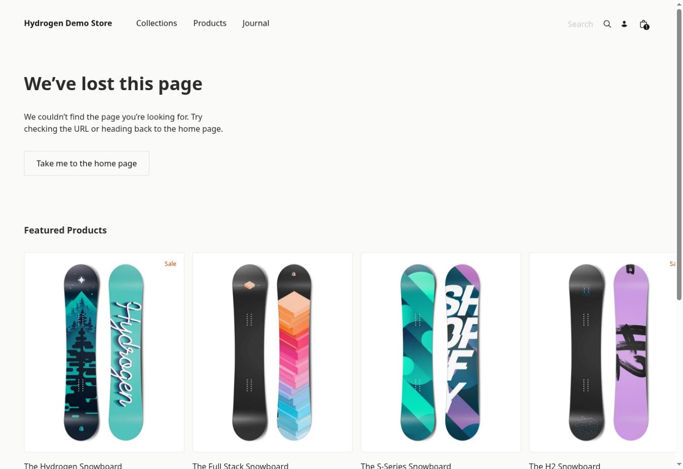 Store 404 page with a clear message, a link back to the home page and featured products