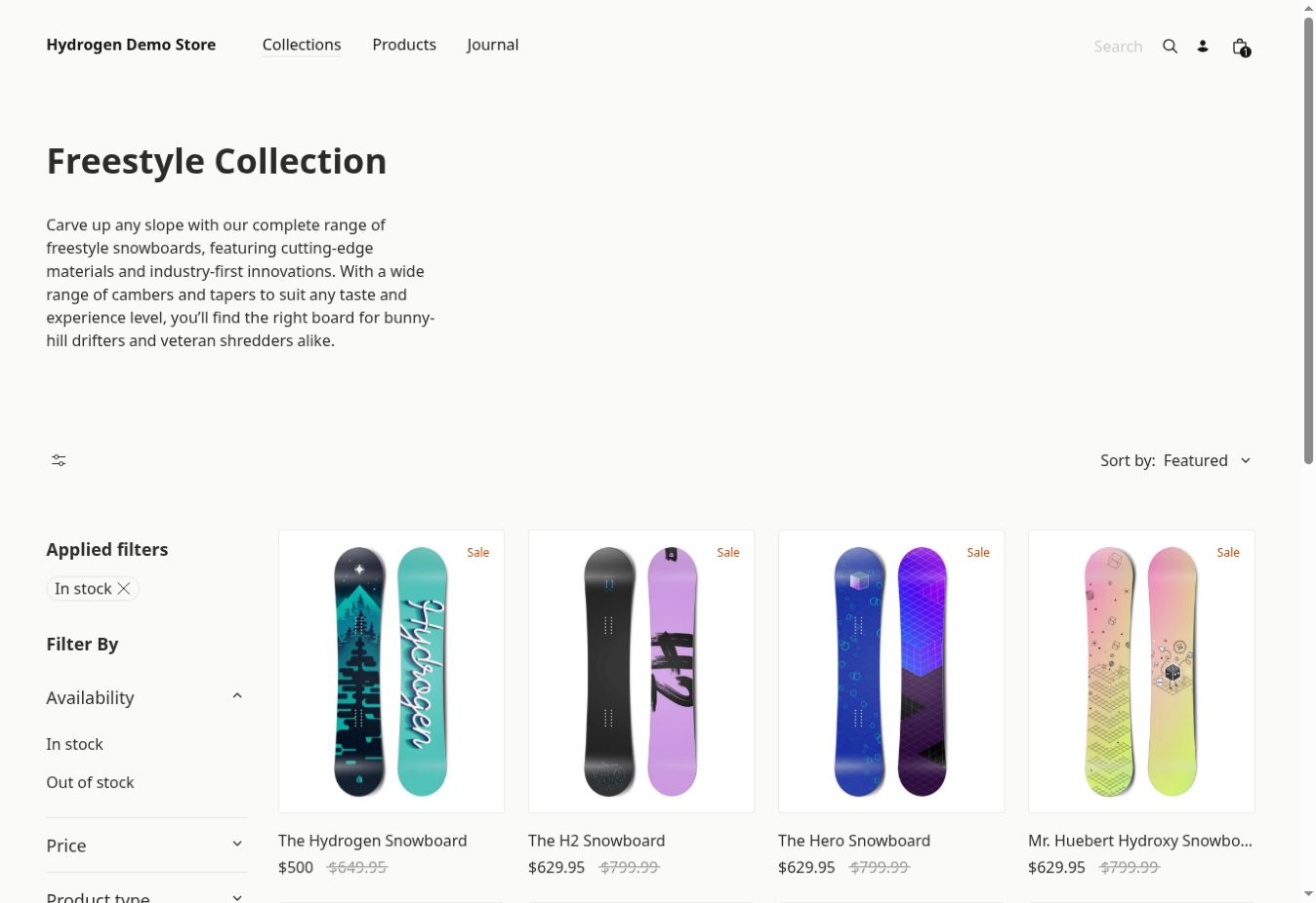 Category page with an applied In stock filter, availability and price filters, and a sort control