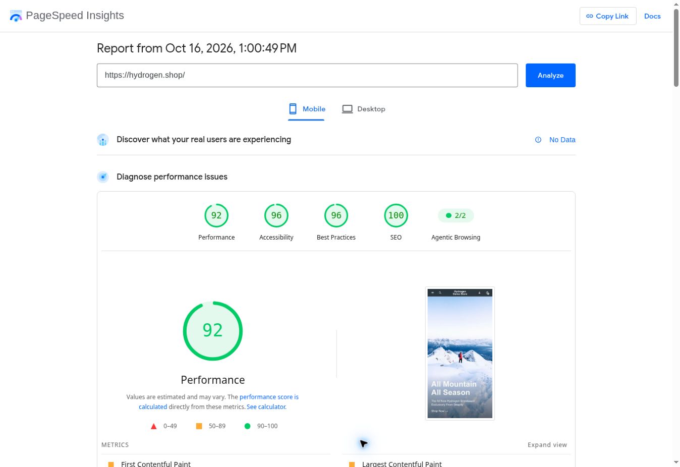 PageSpeed Insights report showing No Data for real-user experience above a green Lighthouse Performance score of 92