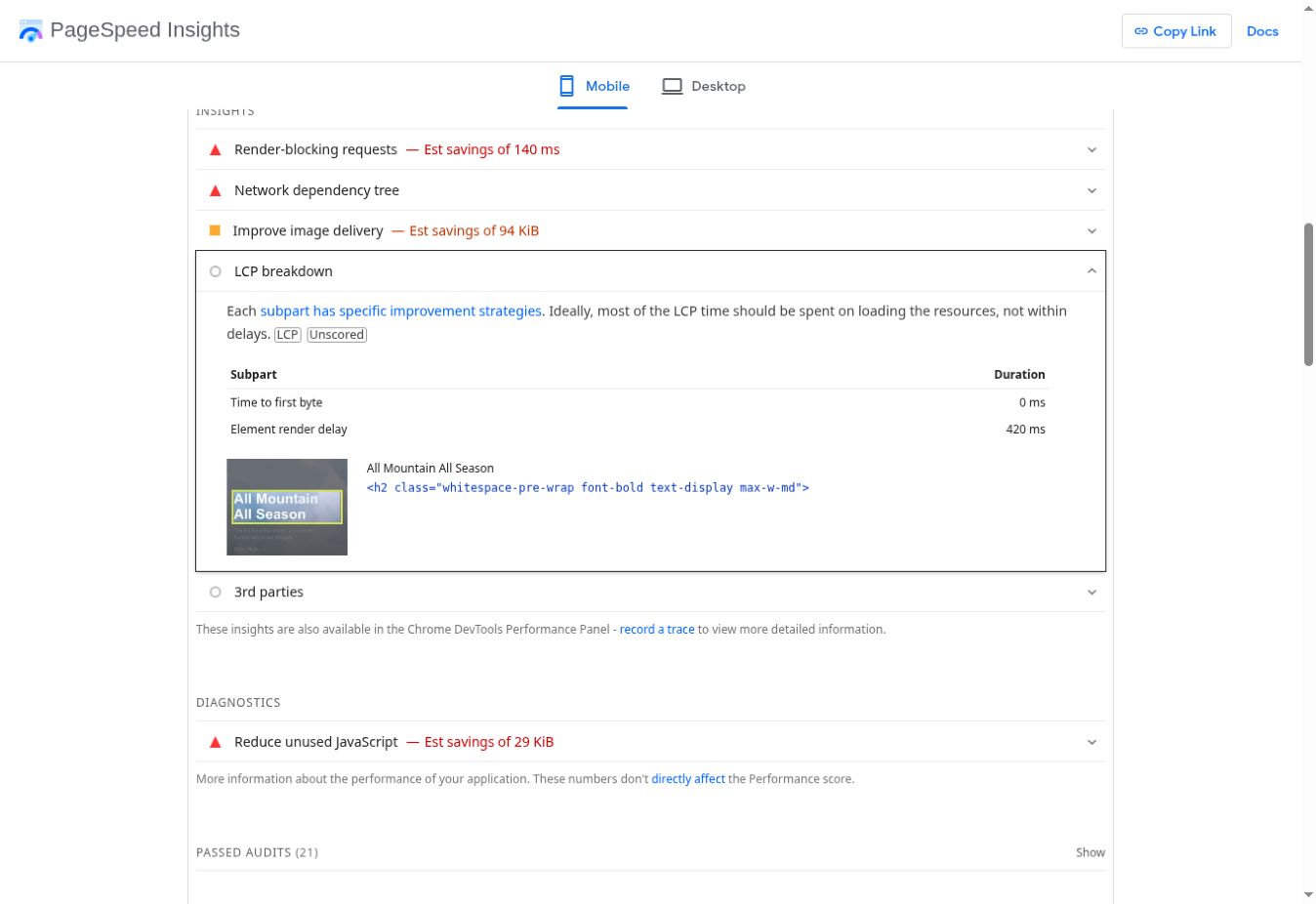 PageSpeed Insights LCP breakdown identifying the hero heading as the LCP element with 420 ms of render delay, alongside render-blocking requests and image delivery insights
