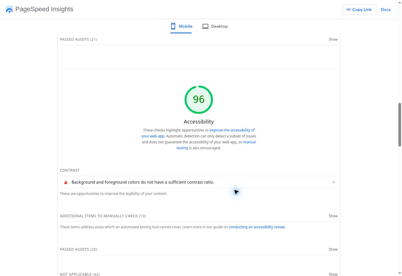 Lighthouse Accessibility score of 96 with a contrast warning and a note that automated detection only finds a subset of issues