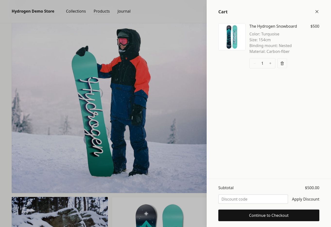 Cart drawer listing the selected variant's colour, size, binding and material, with quantity controls, a discount code field and the subtotal