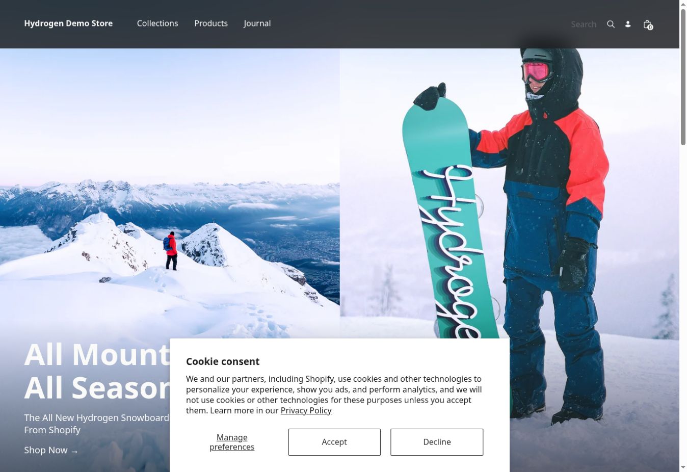 Cookie consent banner with Accept, Decline and Manage preferences options shown on the store homepage