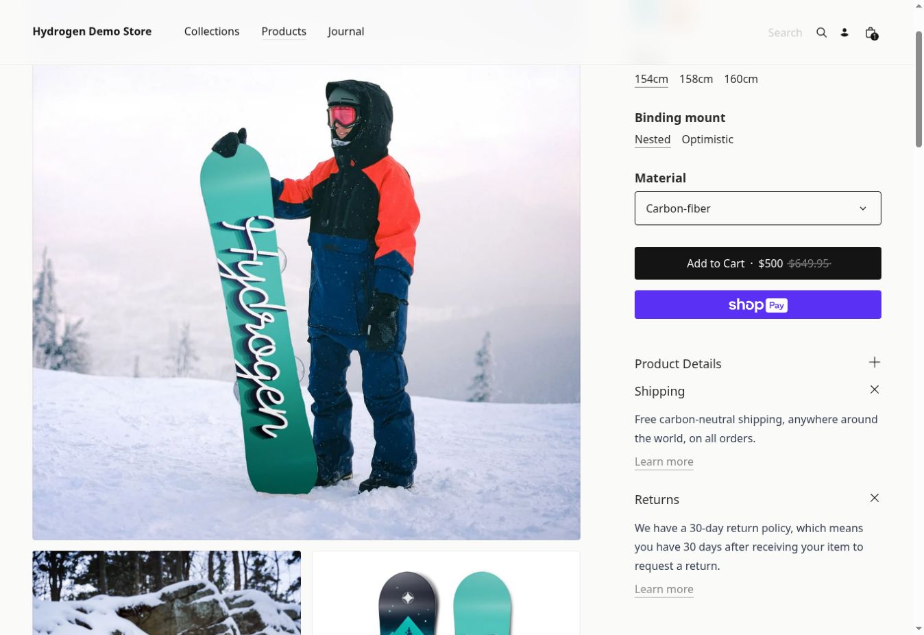 Product page with expanded shipping and returns sections stating free shipping and a 30-day return policy