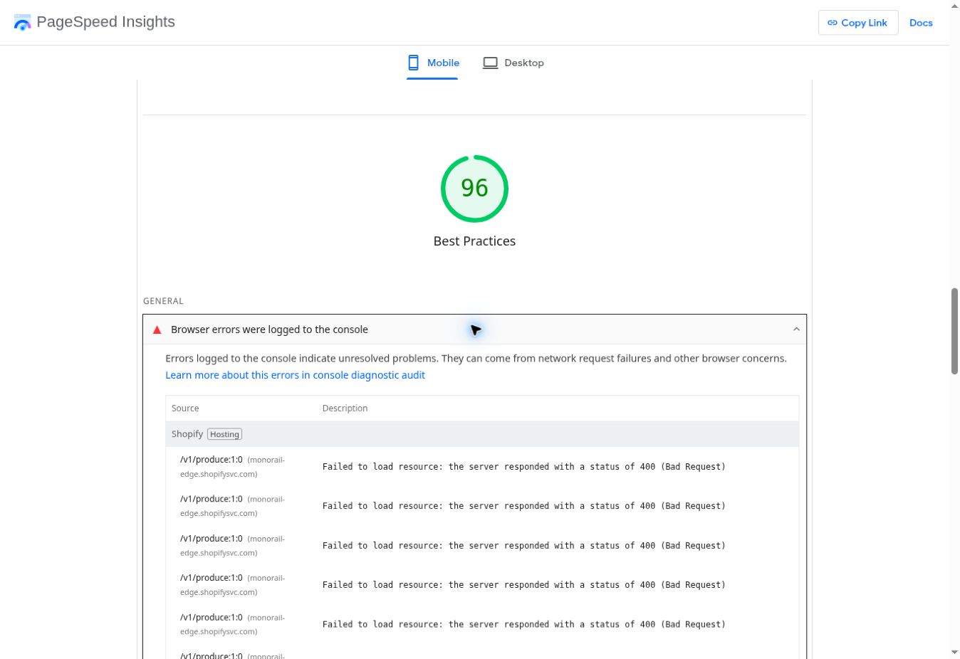 Lighthouse Best Practices audit listing browser console errors from failed requests that returned 400 Bad Request