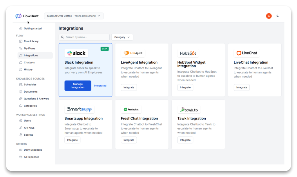 Select Slack integration in Flowhunt
