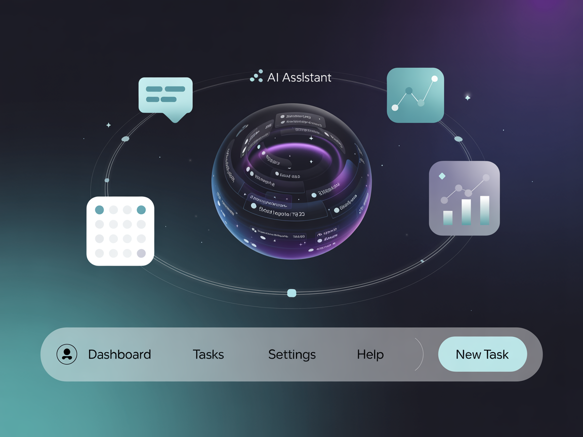 Modern AI assistant interface with various task icons floating around