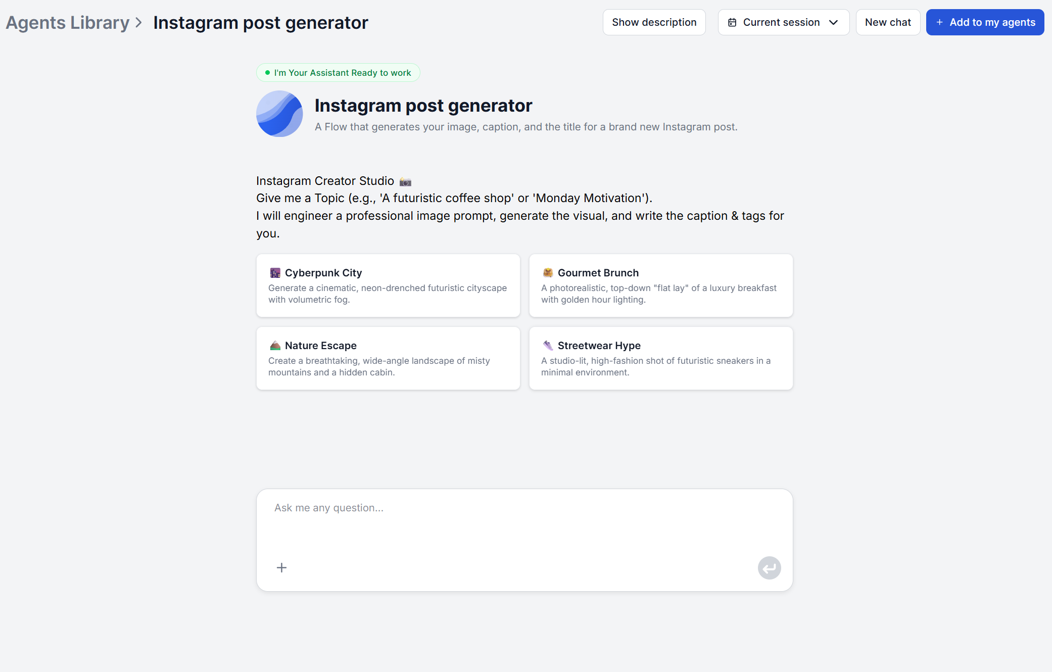 FlowHunt's Instagram Post Generator tool open in the AI tools library