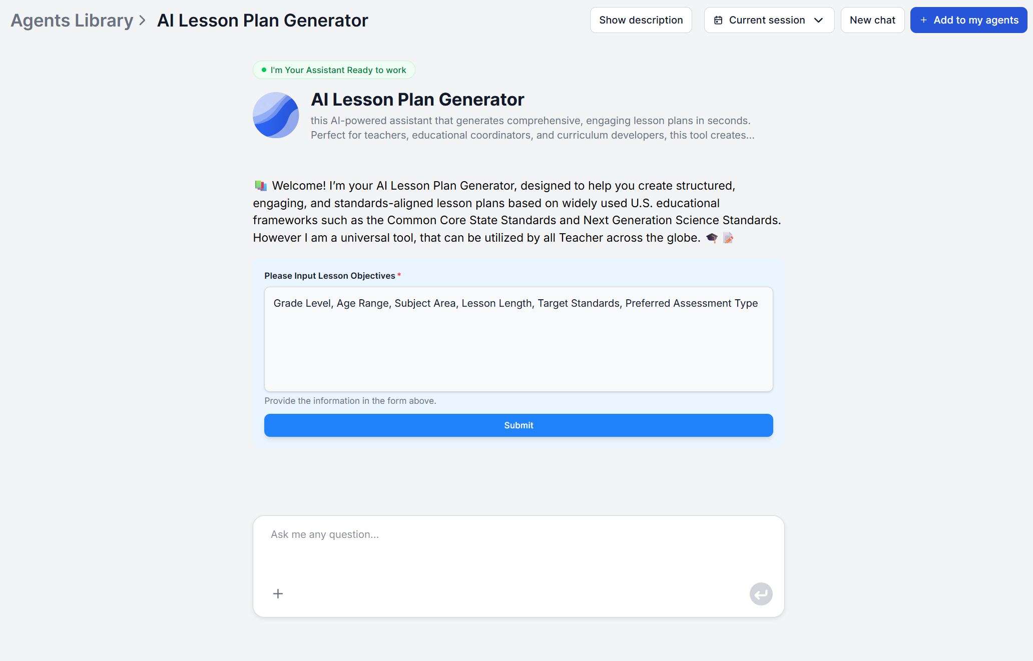 The AI Lesson Plan Generator listed in FlowHunt's Agent Library, ready to add to your agents