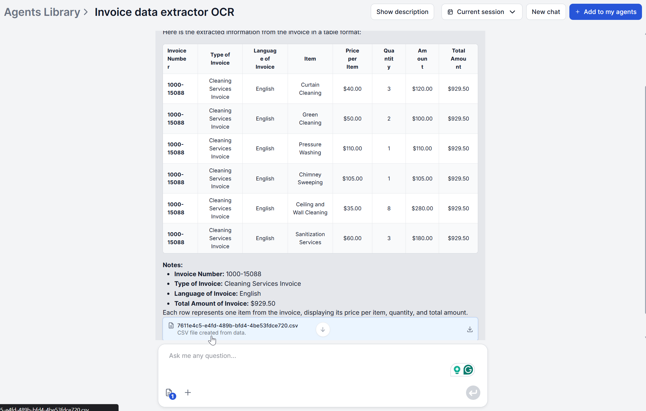 Final extracted invoice data results in FlowHunt's Invoice Data Extractor