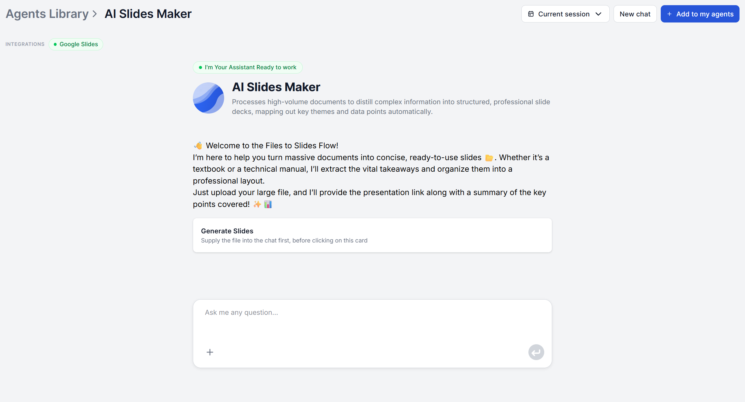 FlowHunt's AI Slides Maker agent in the Agents Library, ready to accept a document