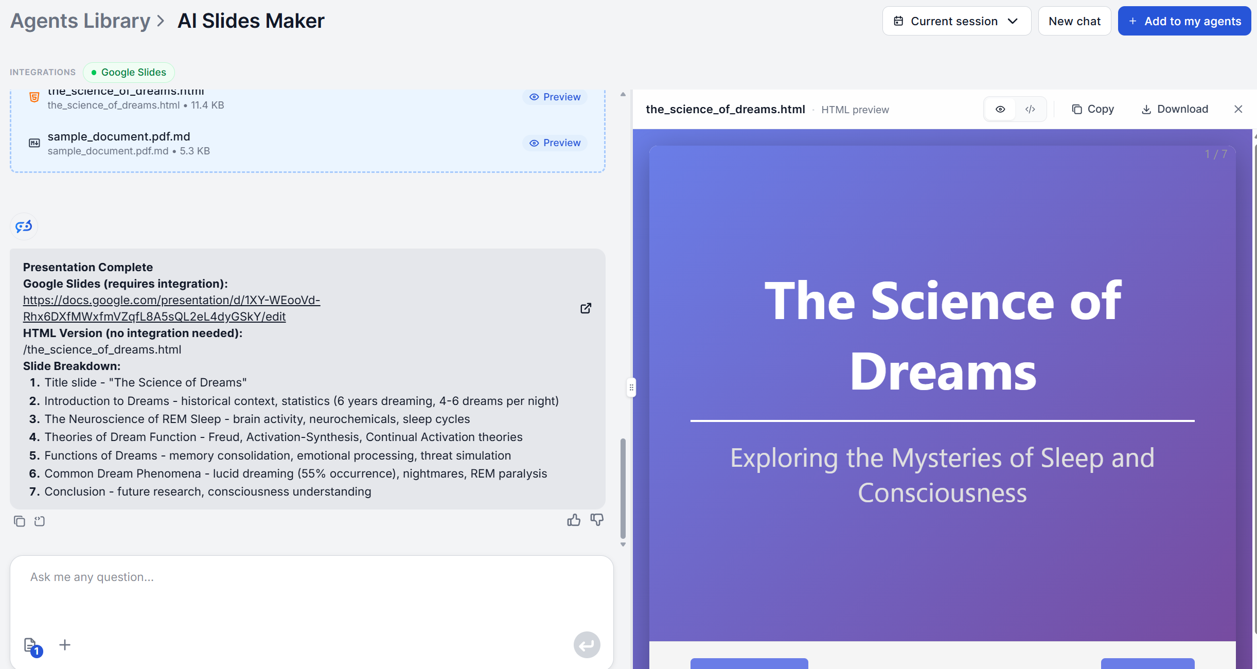 FlowHunt AI Slides Maker generated presentation output with a Google Slides link and slide-by-slide breakdown