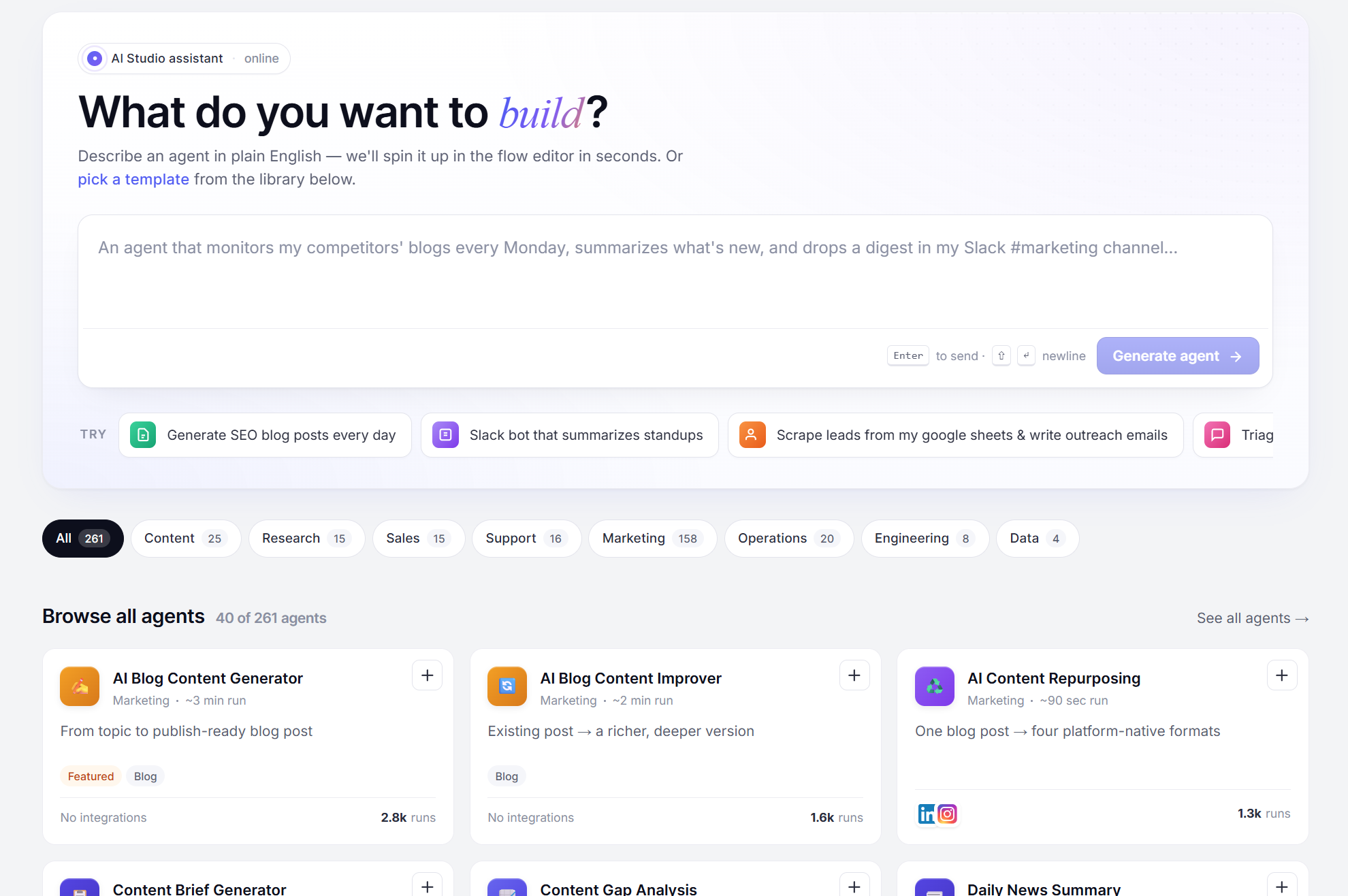 Revamped FlowHunt AI Studio library showing workflow categories, tags, and popularity metadata