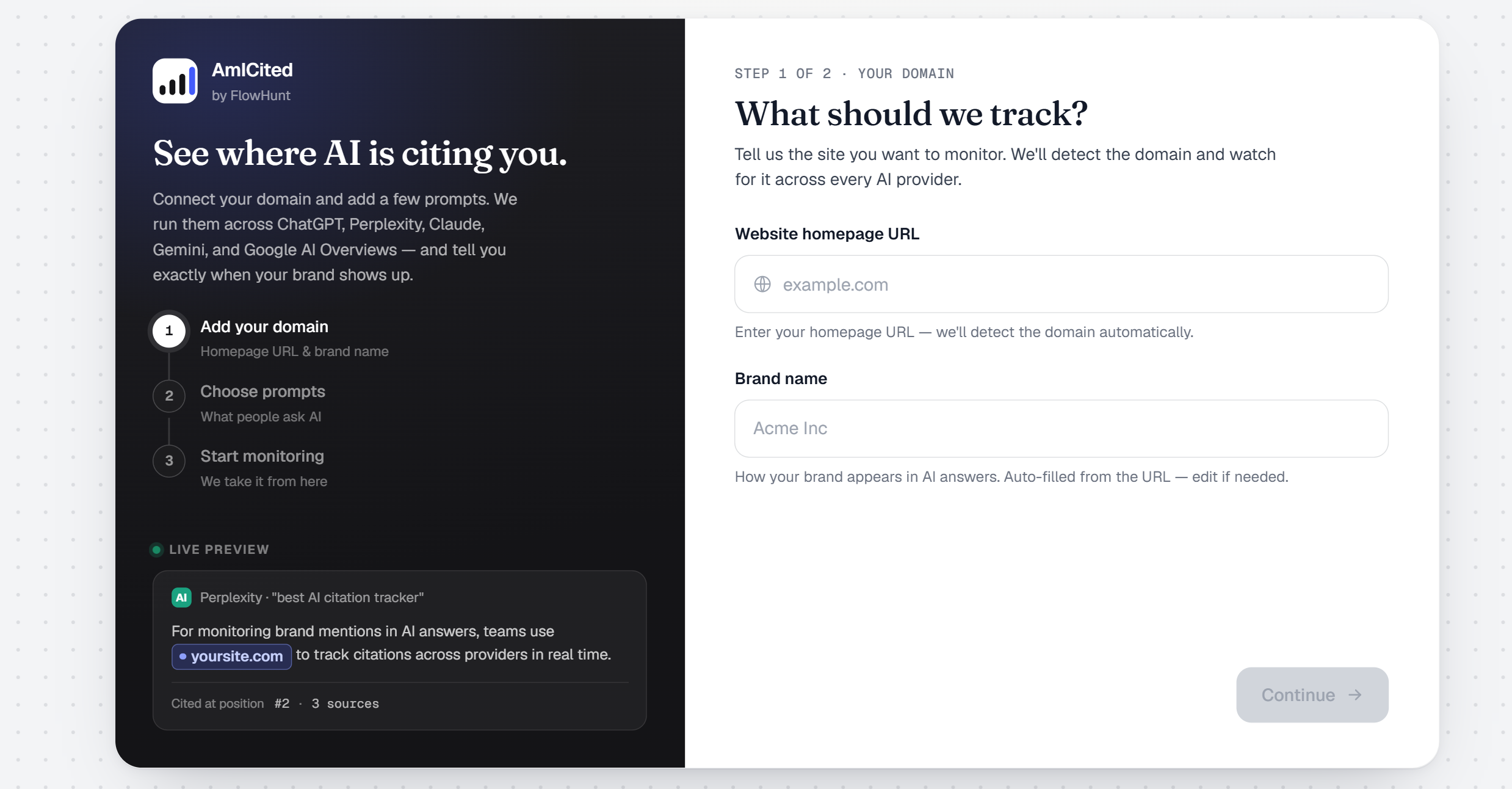 AmICited citation tracking dashboard inside the FlowHunt workspace