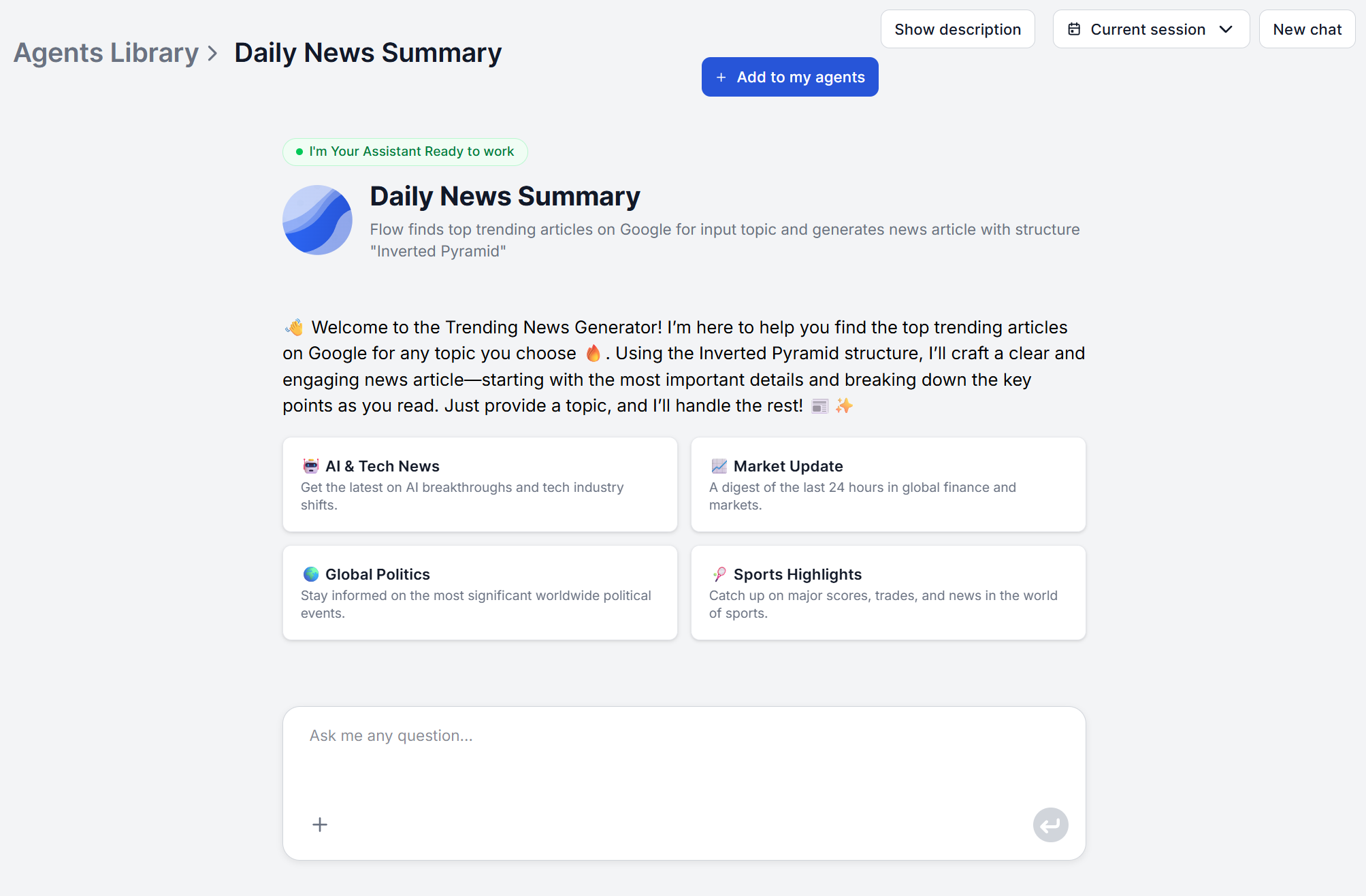 Daily News Summary tool open in the FlowHunt agents library