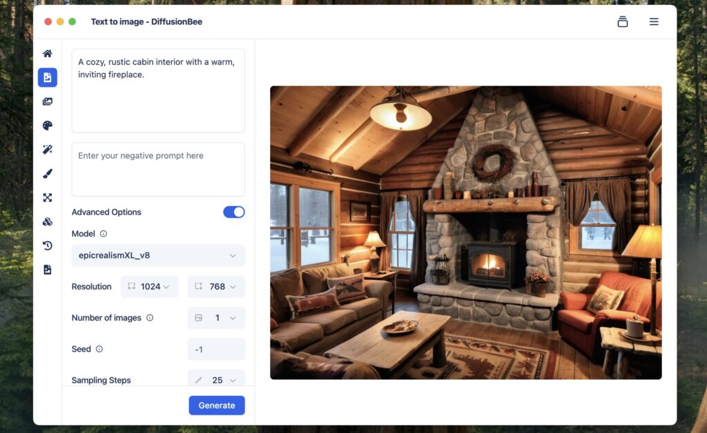 Prompt: A cozy, rustic cabin interior with a warm, inviting fireplace.