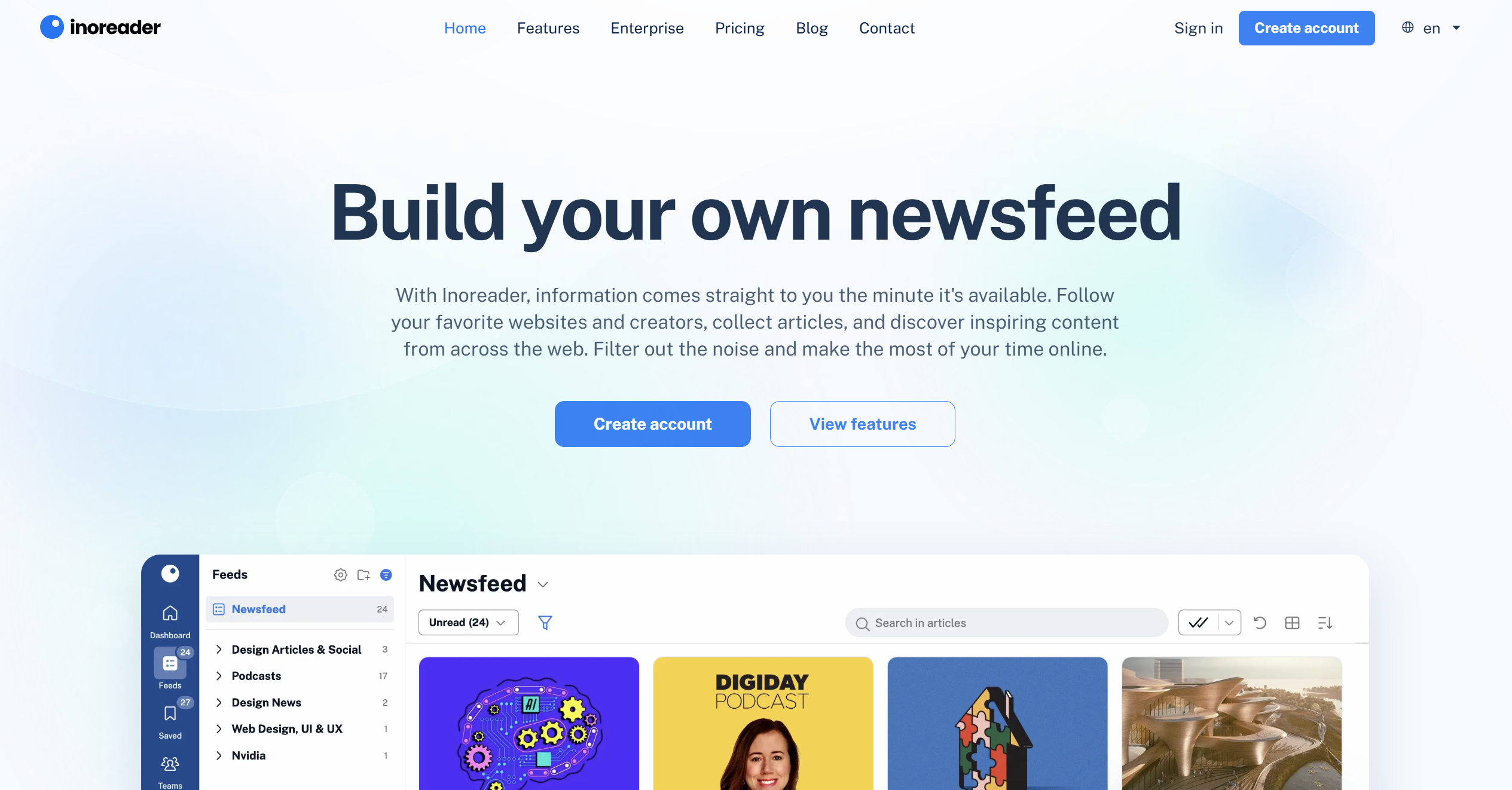 Inoreader homepage screenshot