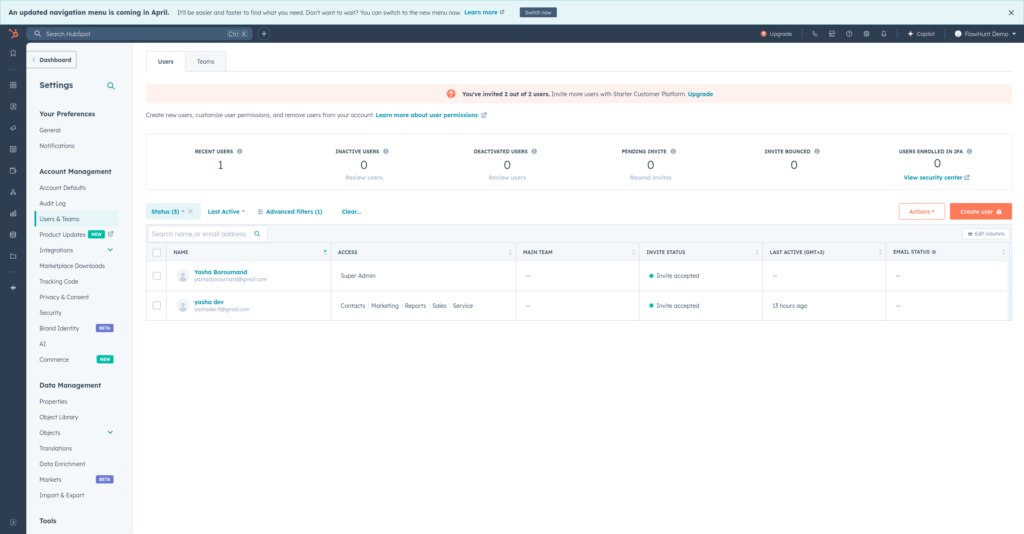 Hubspot settings - Users & Teams
