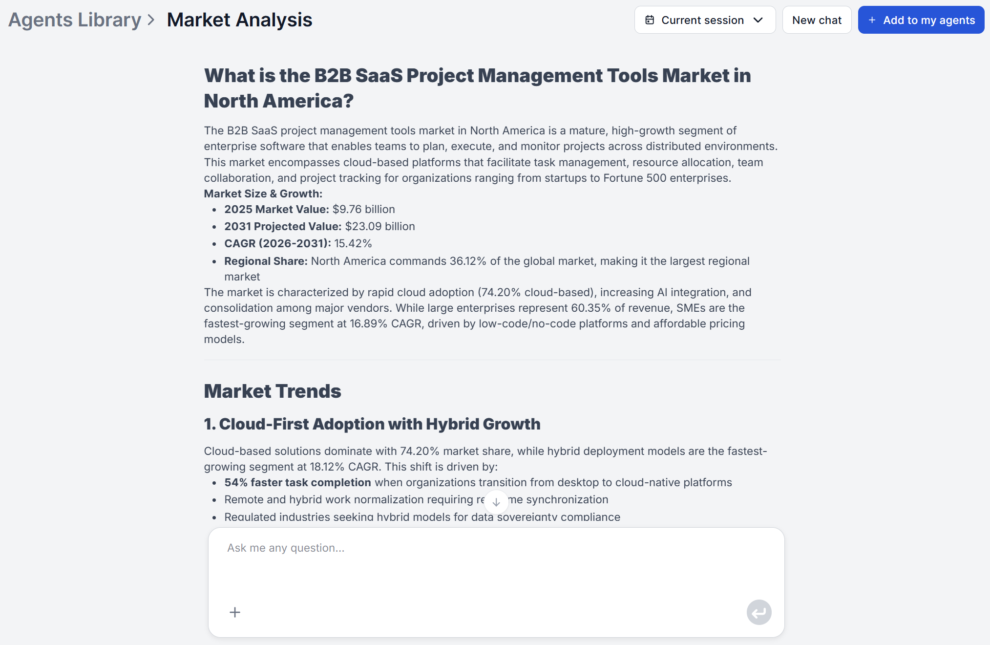 Market Analysis Agent report output with SWOT synthesis and strategic recommendations