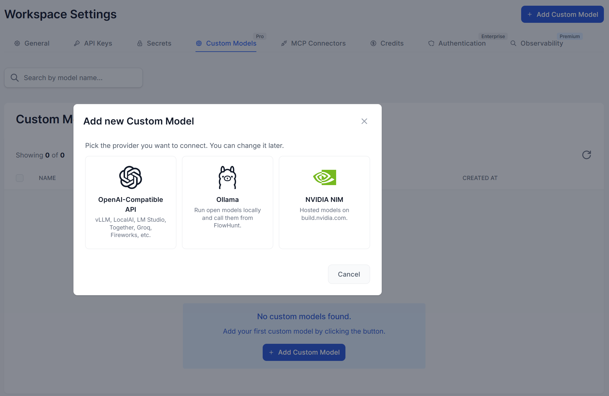 FlowHunt workspace settings for connecting a custom LLM provider and external MCP servers
