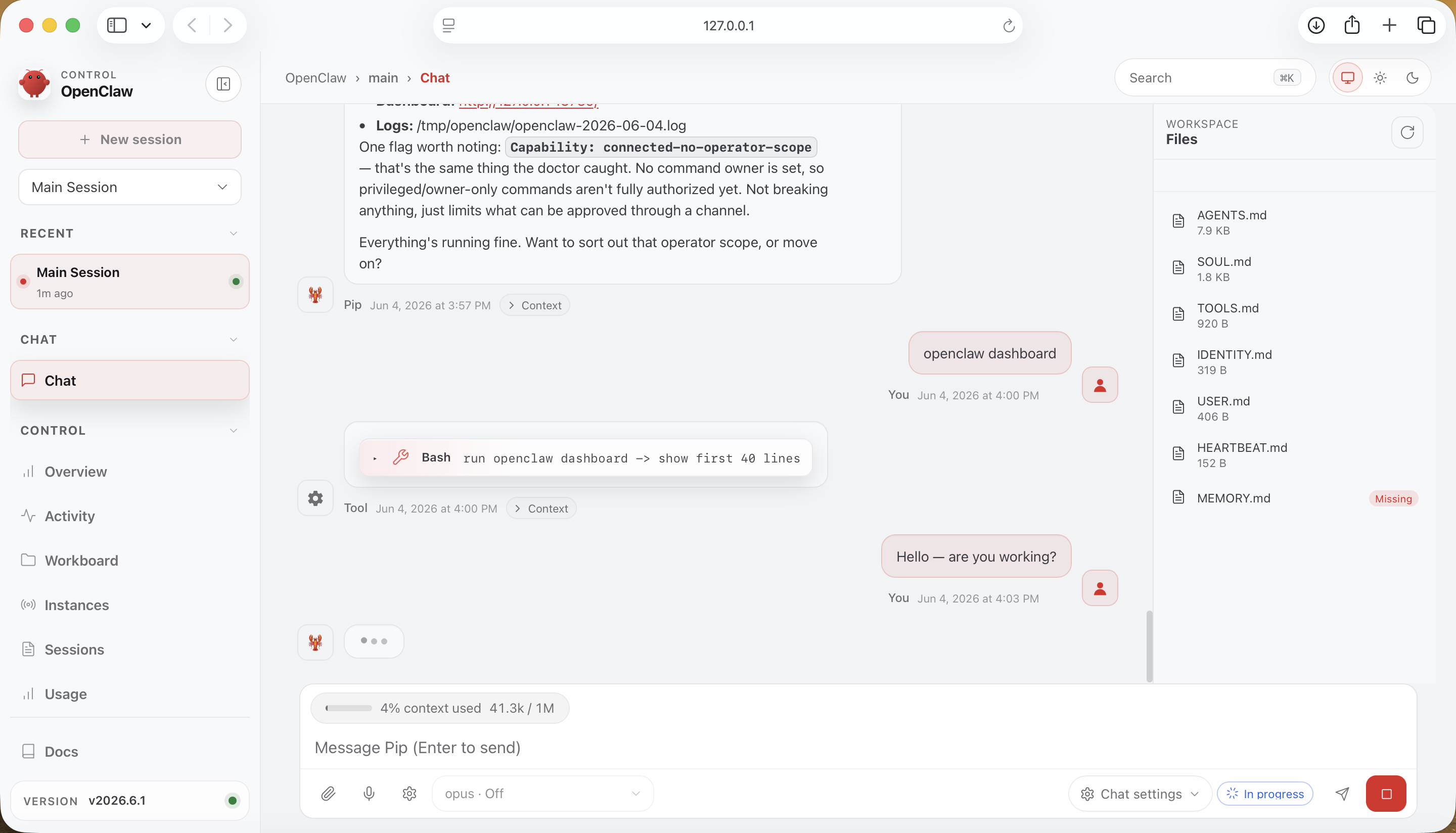 The OpenClaw web dashboard at 127.0.0.1:18789 with a sidebar of sessions and controls, a chat pane, and the workspace files panel