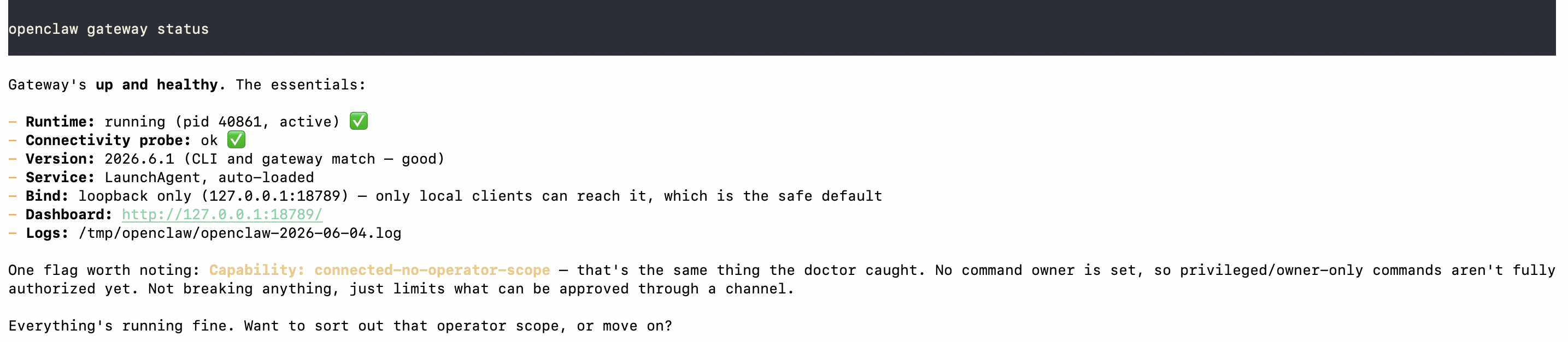 openclaw gateway status showing the service running on loopback 127.0.0.1:18789 with a successful connectivity probe