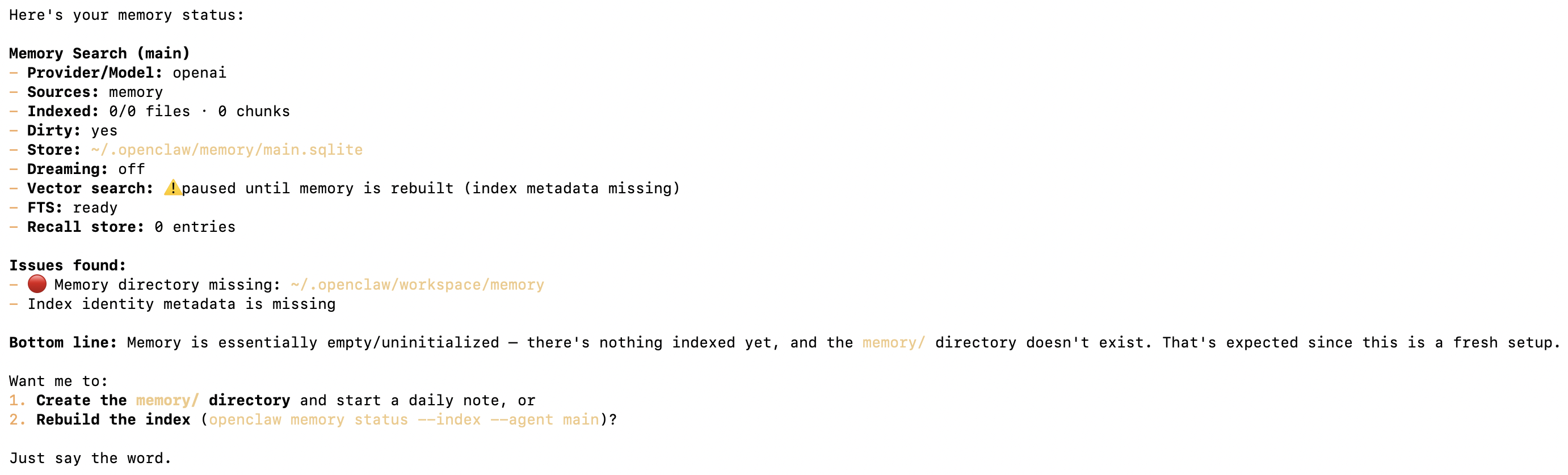 openclaw memory status on a fresh install showing empty index, dreaming off, and the memory store paths