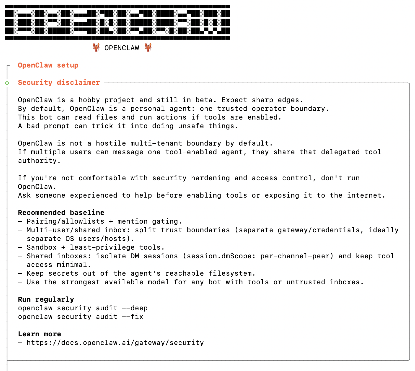 The openclaw onboard wizard launching with the OpenClaw banner and a security disclaimer