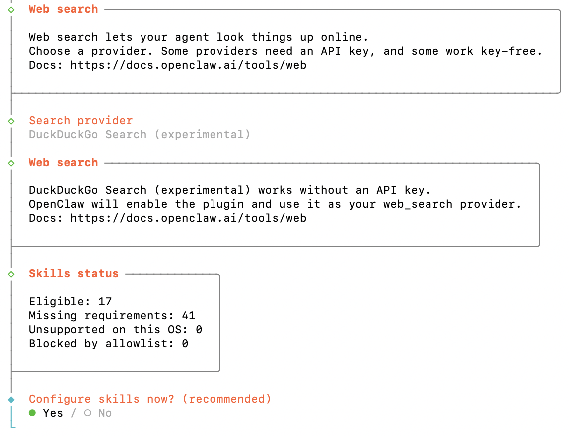 The wizard web search provider step and the skills status summary
