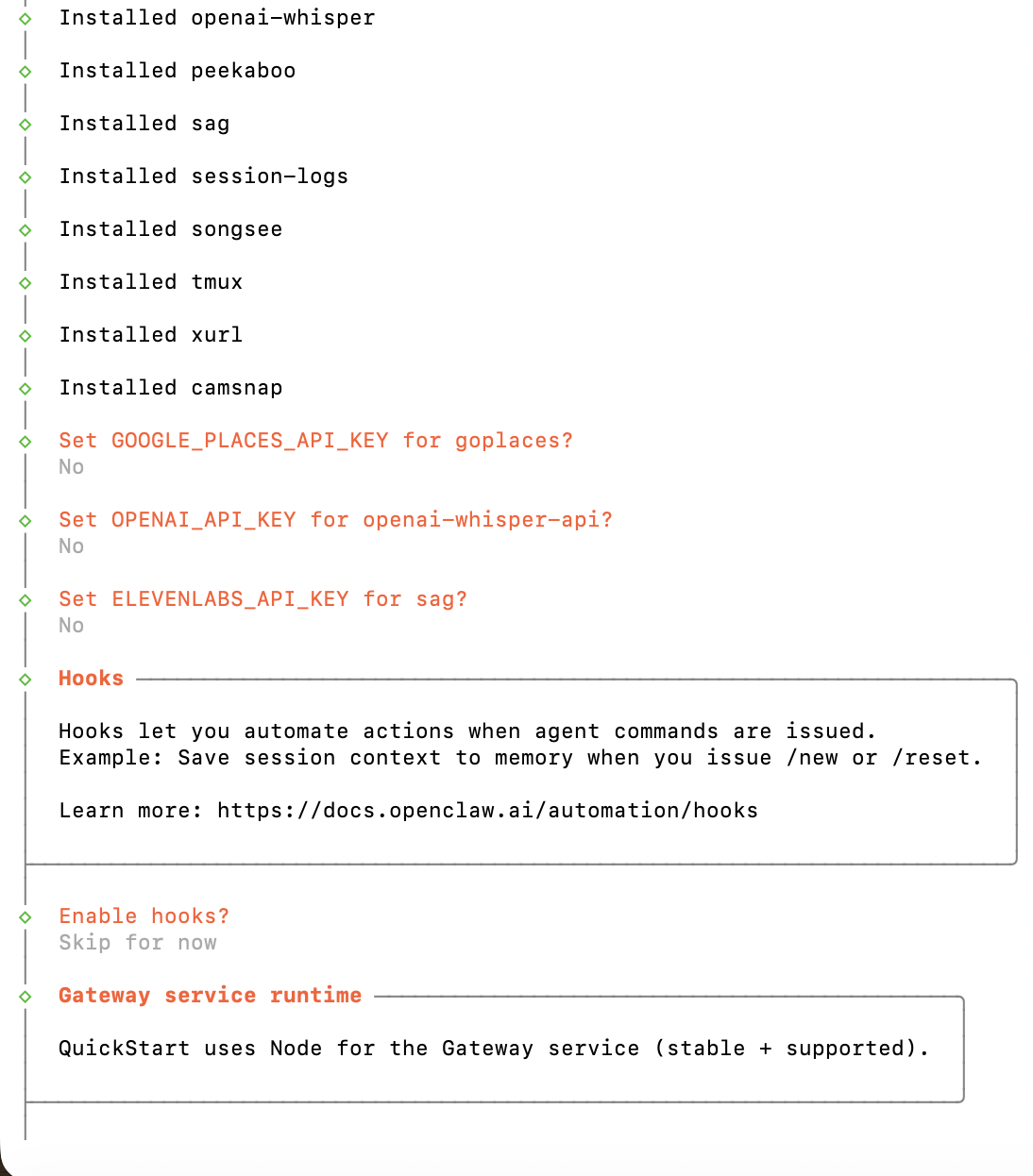 The wizard installing skill dependencies, offering optional API keys, and asking whether to enable hooks