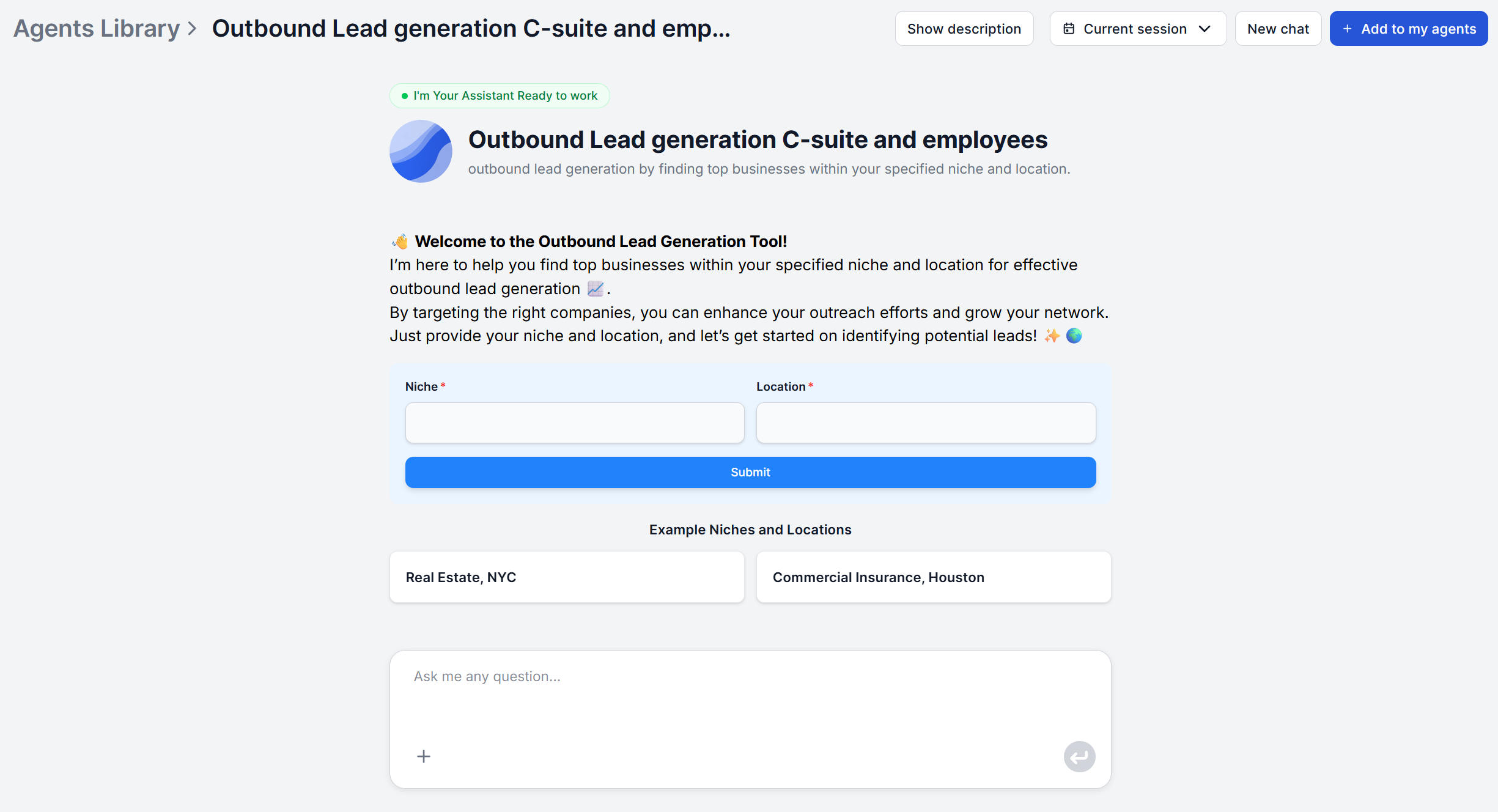 Outbound Lead Generation assistant shown in the FlowHunt agent library