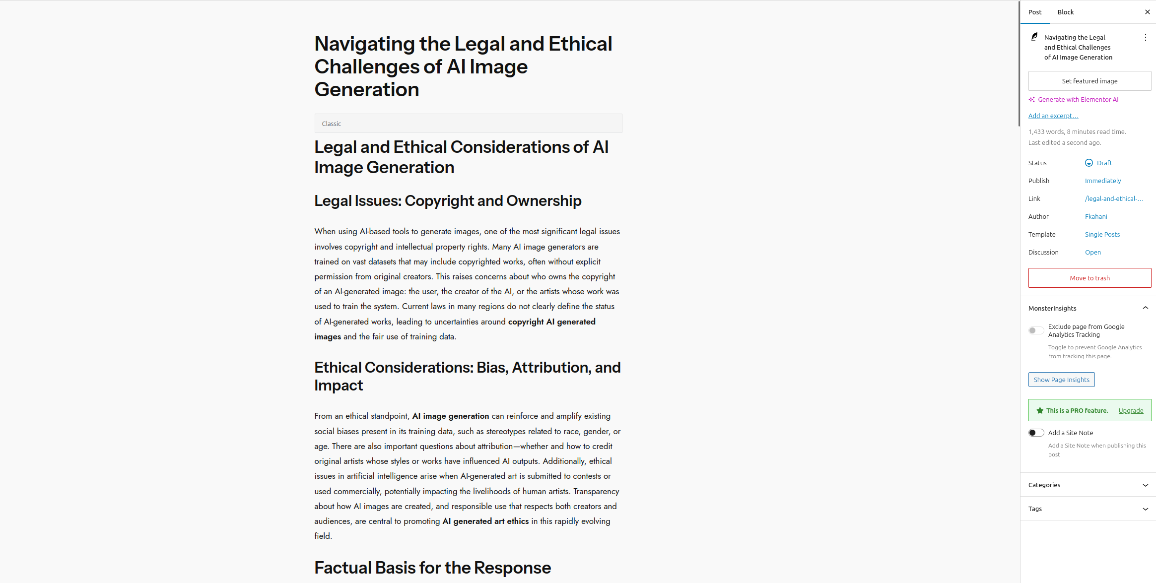 A mock-up showing an automatically generated article being created as a draft in the WordPress editor.