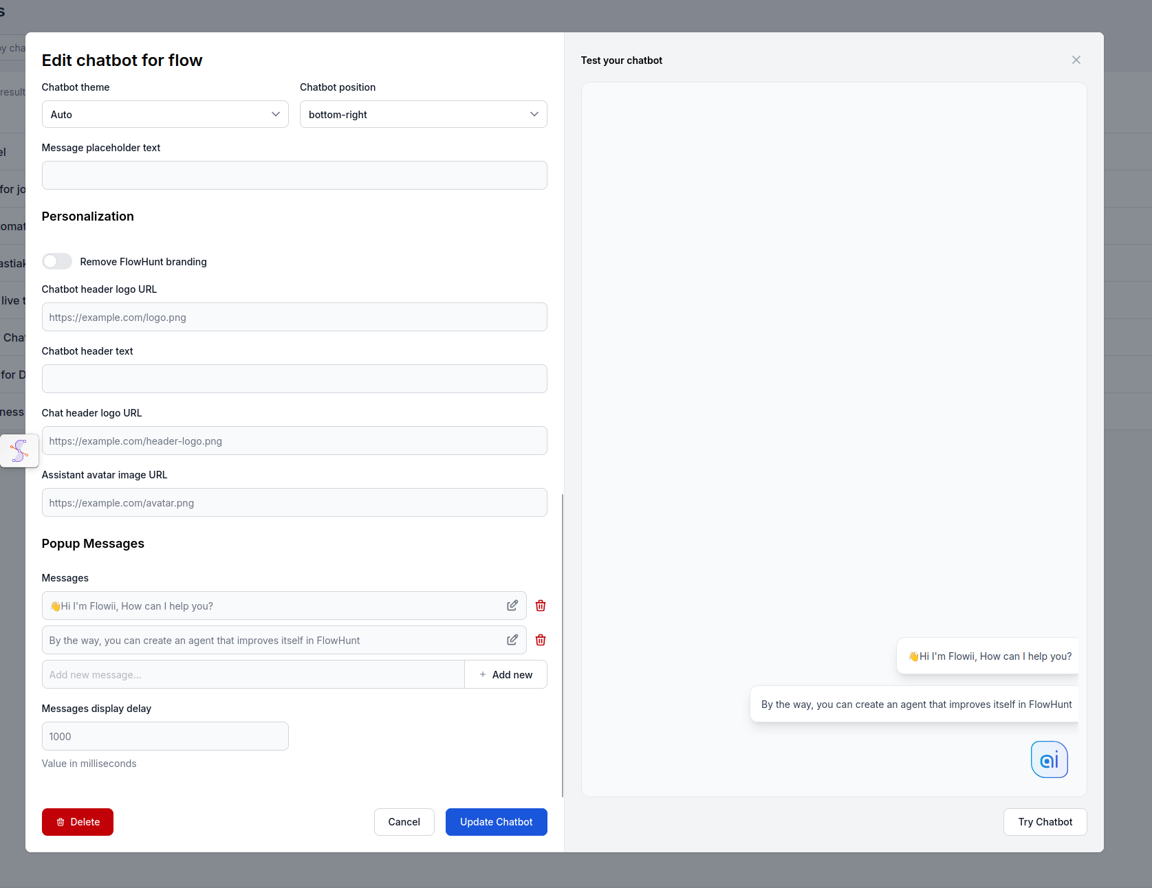Configure Chatbot Popup Messages in FlowHunt