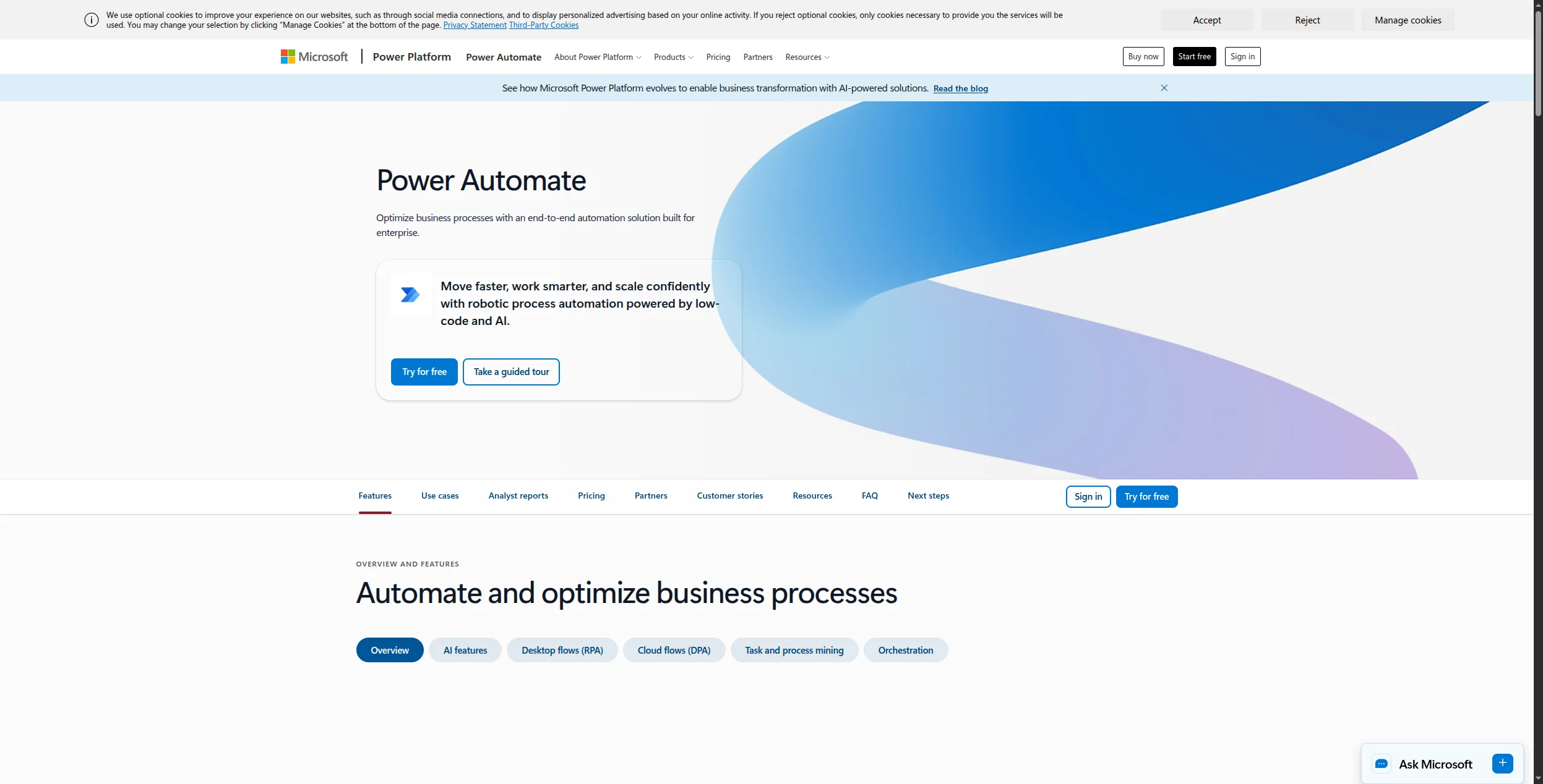 Página principal de Microsoft Power Automate