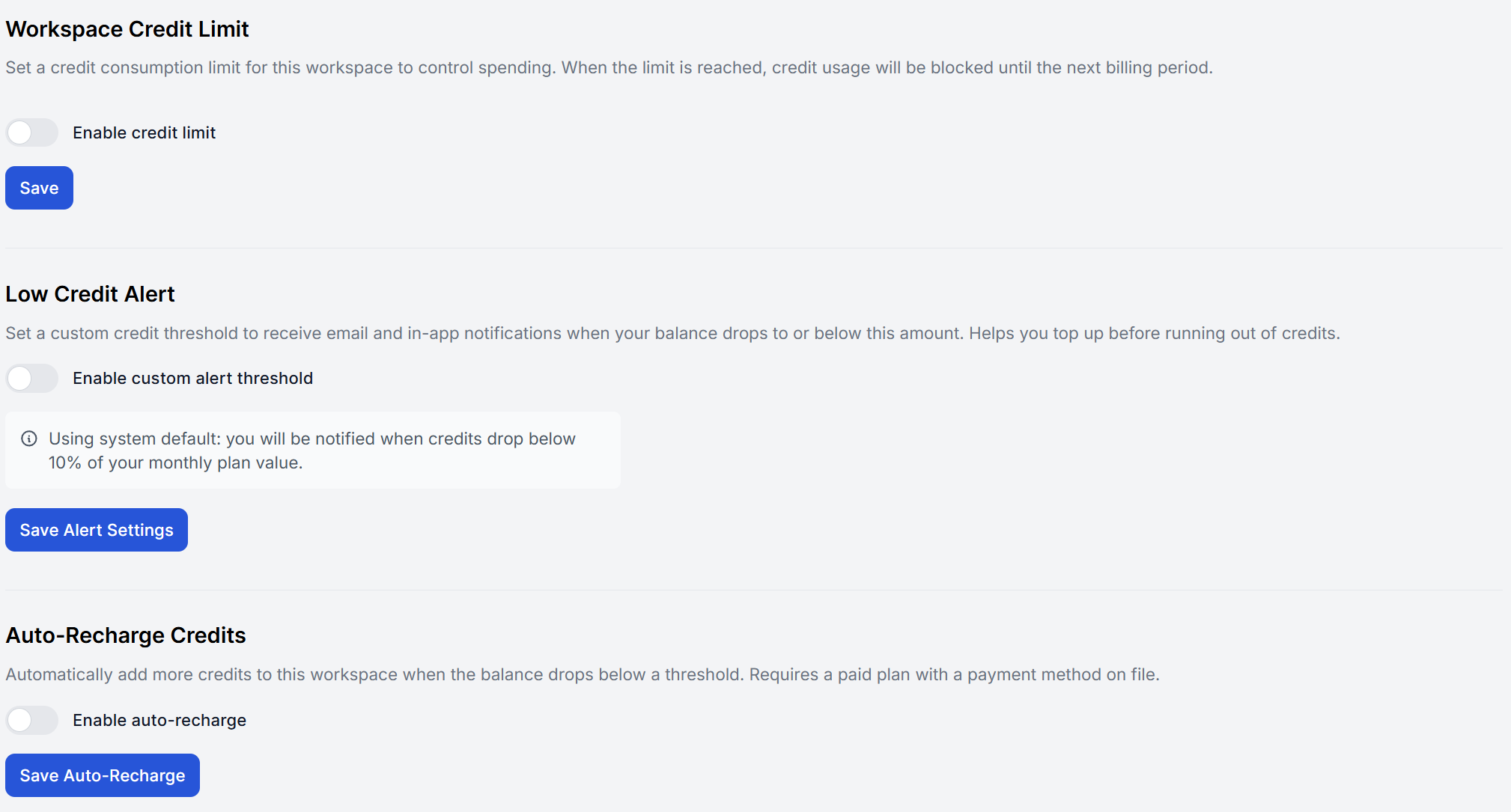 FlowHunt workspace credit management settings showing spending limits, low-balance alerts, and auto-recharge