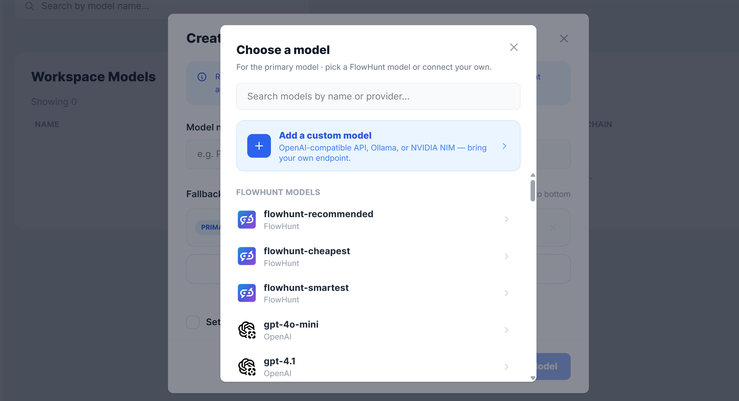 FlowHunt workspace model settings showing a default model and an automatic fallback model