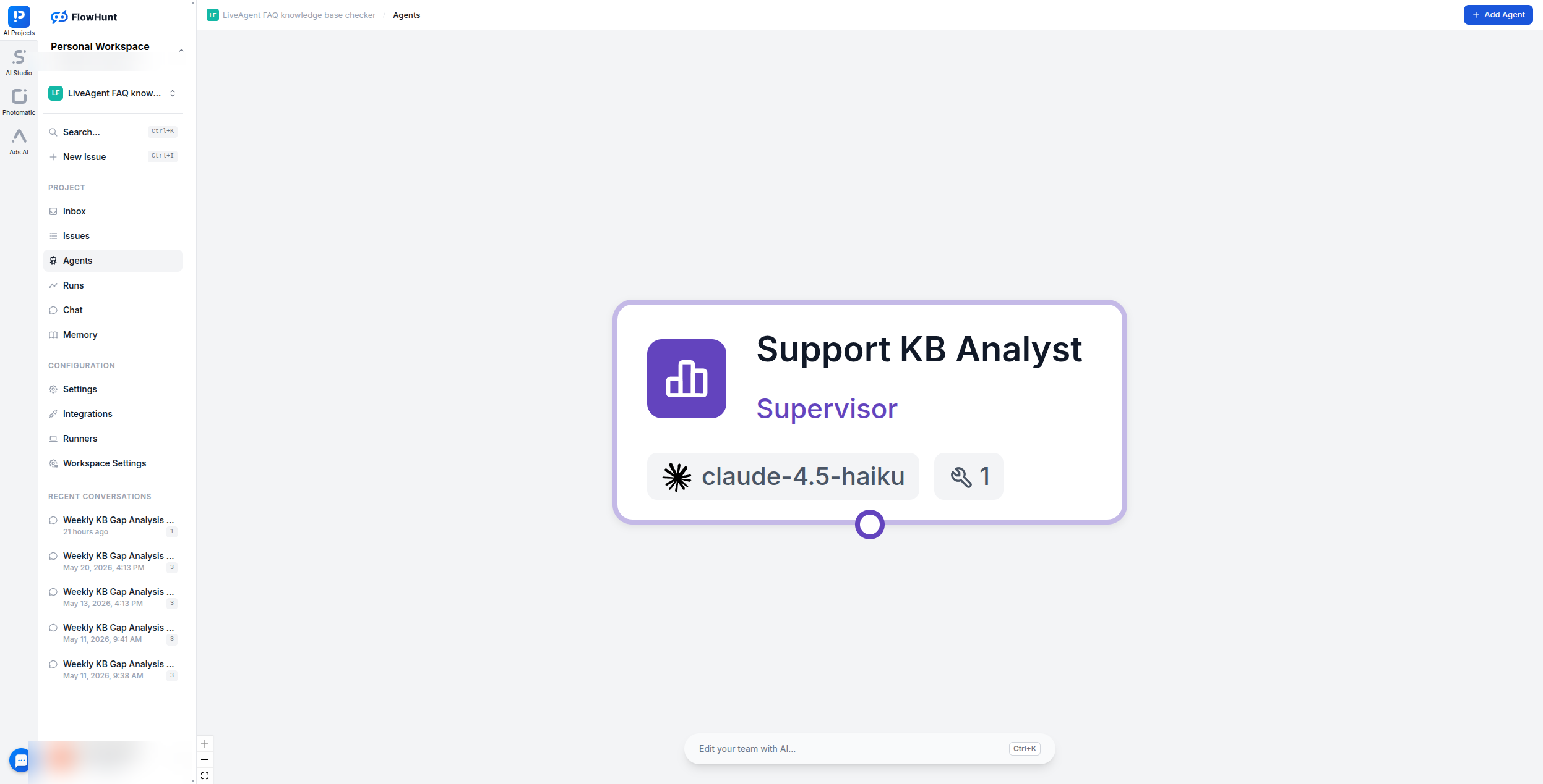 FlowHunt AI Projects agents view showing the Support KB Analyst supervisor agent running on claude-4.5-haiku
