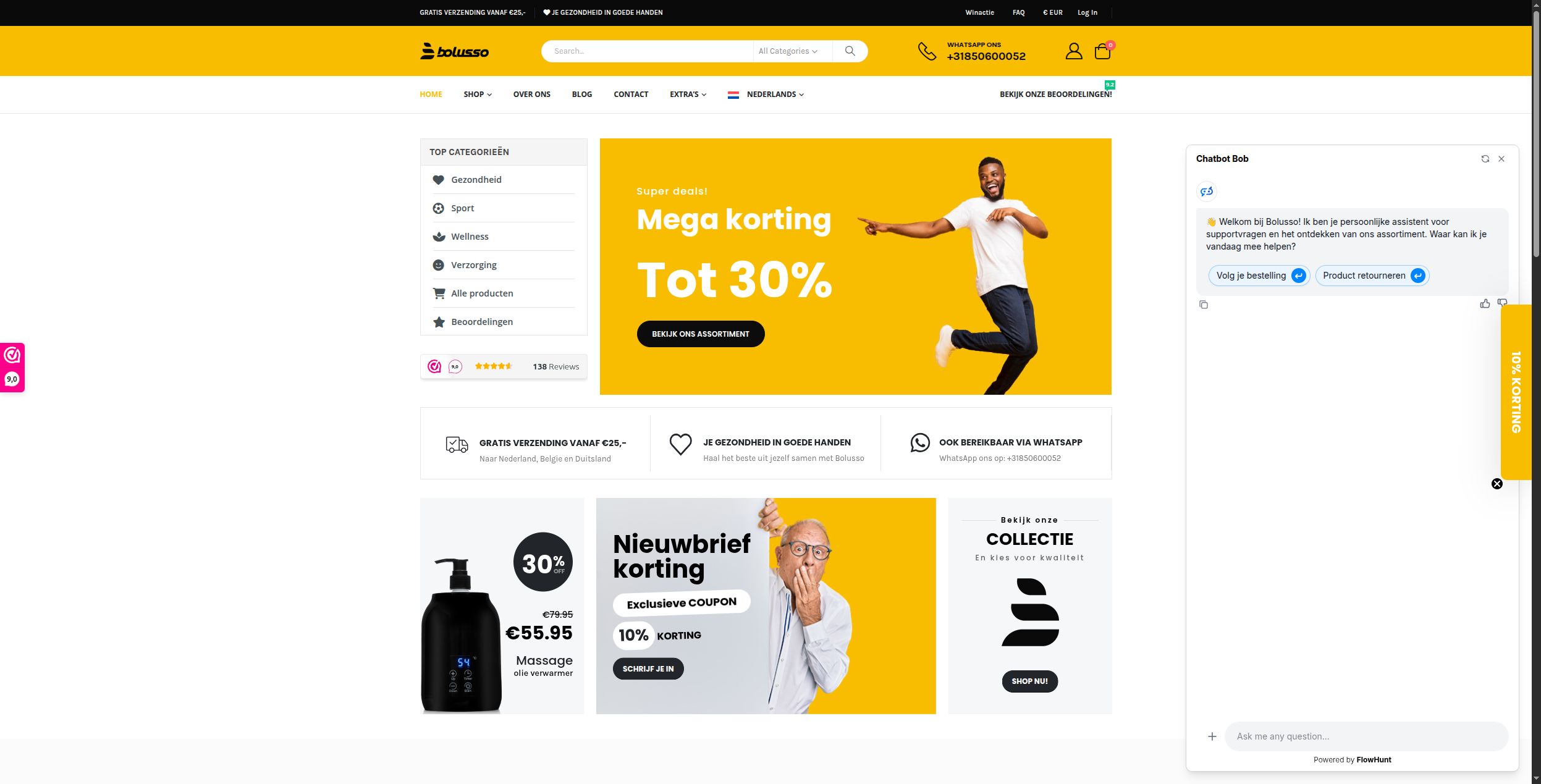 Bolusso.nl FlowHunt AI chatbot open on the storefront, showing welcome message and quick-reply buttons for order tracking and returns