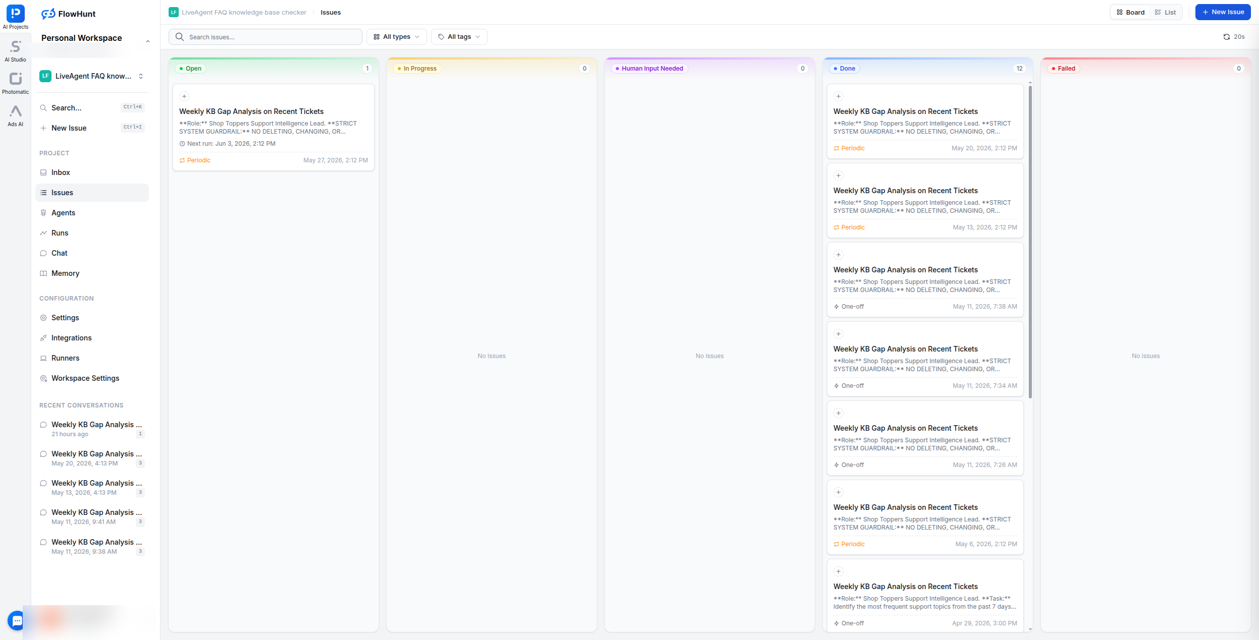 FlowHunt AI Projects issues board for Shop-toppers showing 12 completed weekly KB gap analysis runs