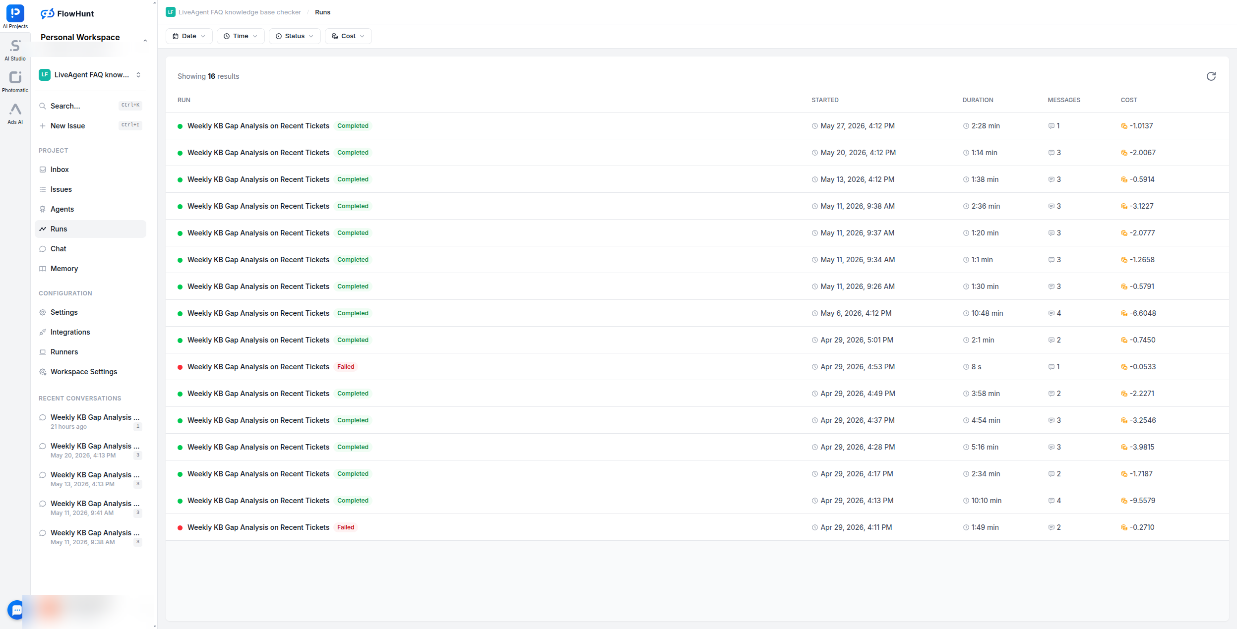 FlowHunt AI Projects runs list showing 16 completed weekly KB gap analysis executions with duration and cost data