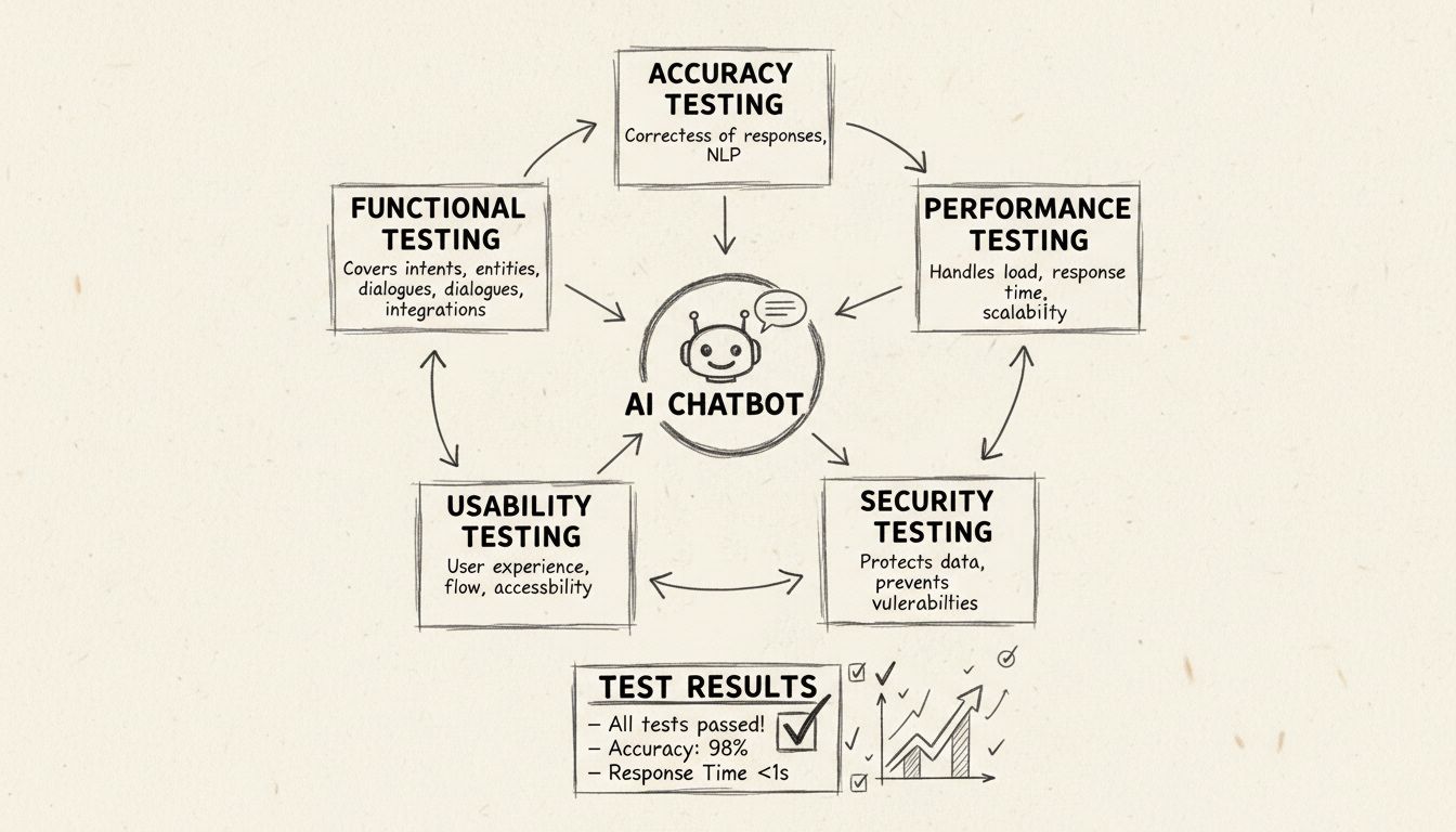 Rámec testování AI chatbota ukazující pět pilířů testování: Funkční testování, Výkonnostní testování, Bezpečnostní testování, Testování použitelnosti a Testování přesnosti