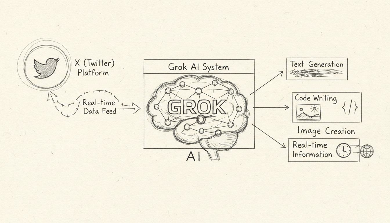 Schéma architektury Grok AI chatbota ukazující integraci s platformou X, zpracování neuronovou sítí a výstupní schopnosti