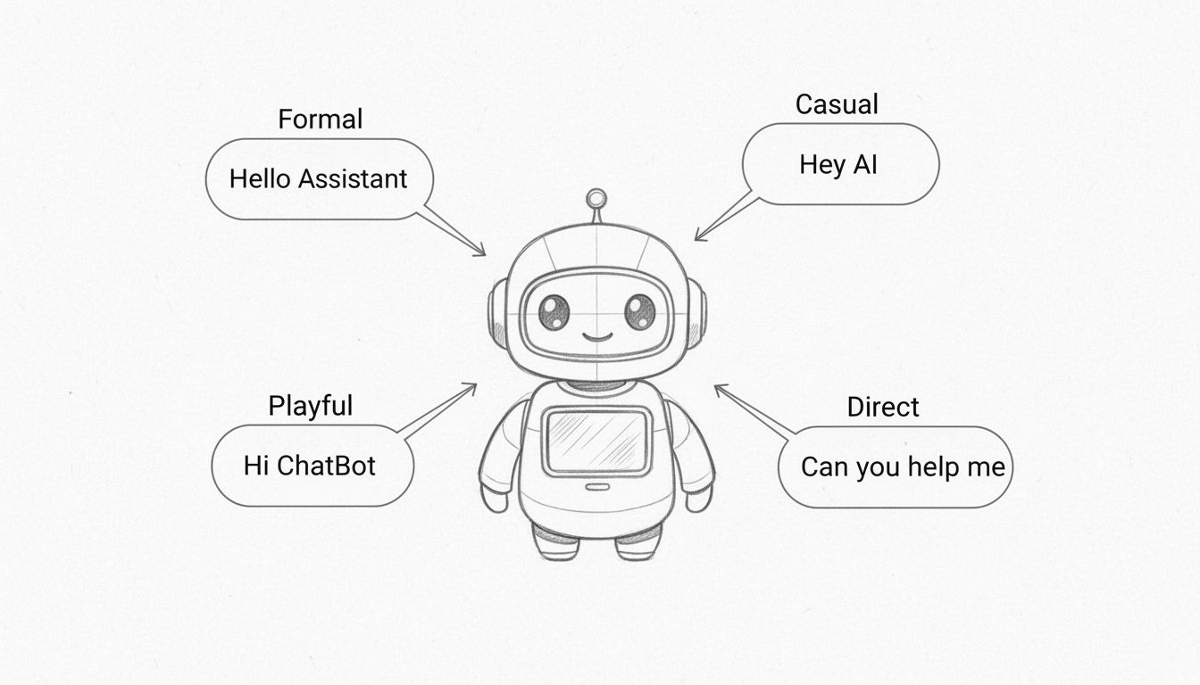 Ručně kreslené schéma ukazující různé způsoby oslovení AI asistentů chatbotů s komunikačními styly