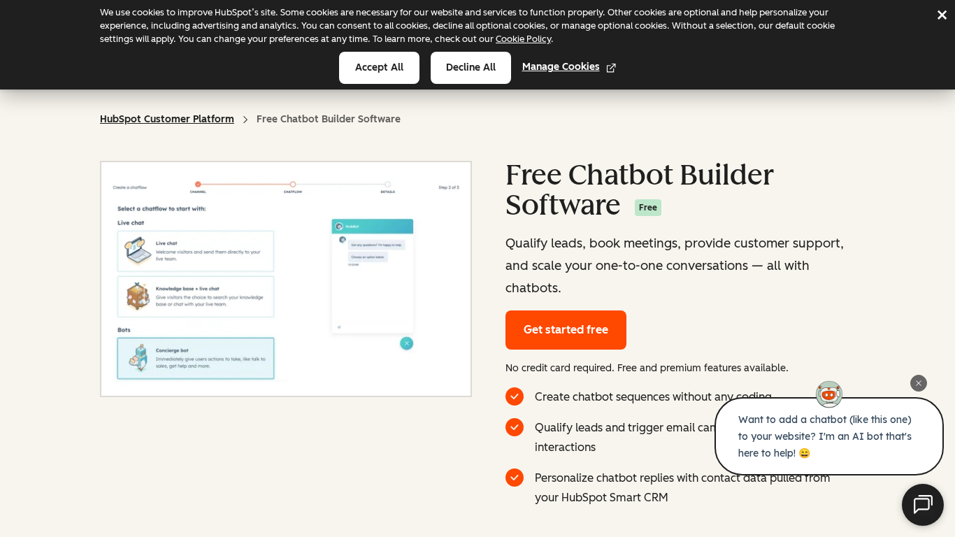 Interface do construtor de chatbot HubSpot mostrando integração com CRM e recursos de qualificação de leads