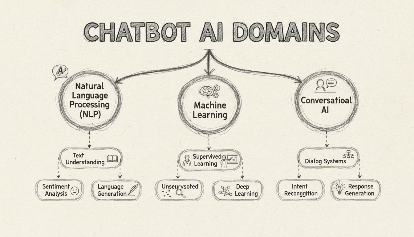 Schéma hierarchie domén AI chatbotů: NLP, strojové učení a konverzační AI
