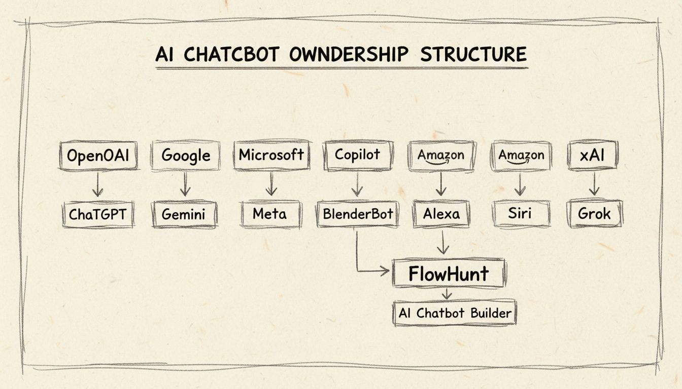 Ručně kreslené schéma znázorňující vlastnickou strukturu hlavních AI chatbotů včetně OpenAI, Google, Microsoftu, Meta, Amazonu, Applu, xAI a FlowHunt