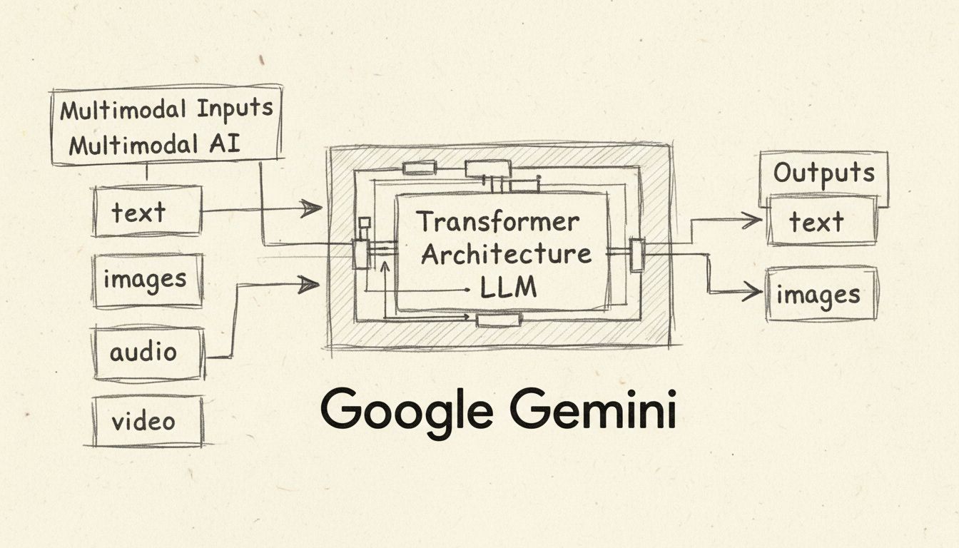 Diagramă arhitectură chatbot Google Gemini AI ce arată intrări multimodale și rețea neurală transformer
